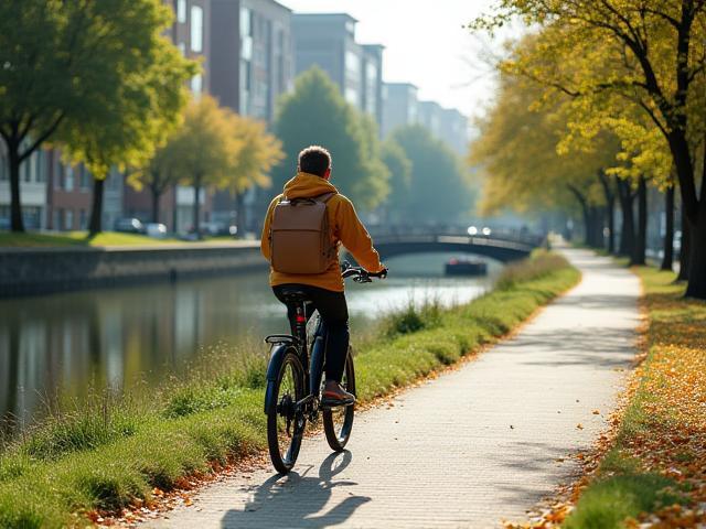 Person riding an electric bike along a canal