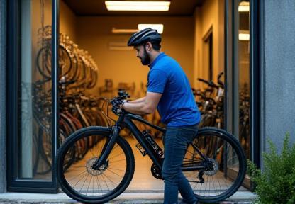Person bringing a bicycle into a shop