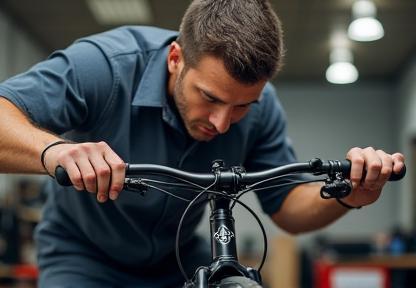 Bicycle mechanic inspecting a bike wheel