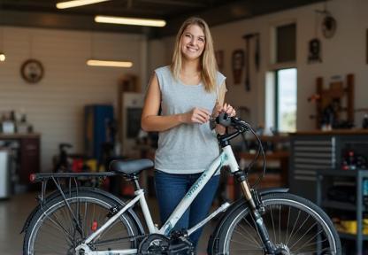 Person picking up a repaired bicycle