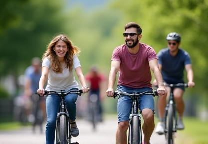 People riding rental bikes in a city