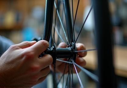 Bicycle mechanic working on a bike wheel